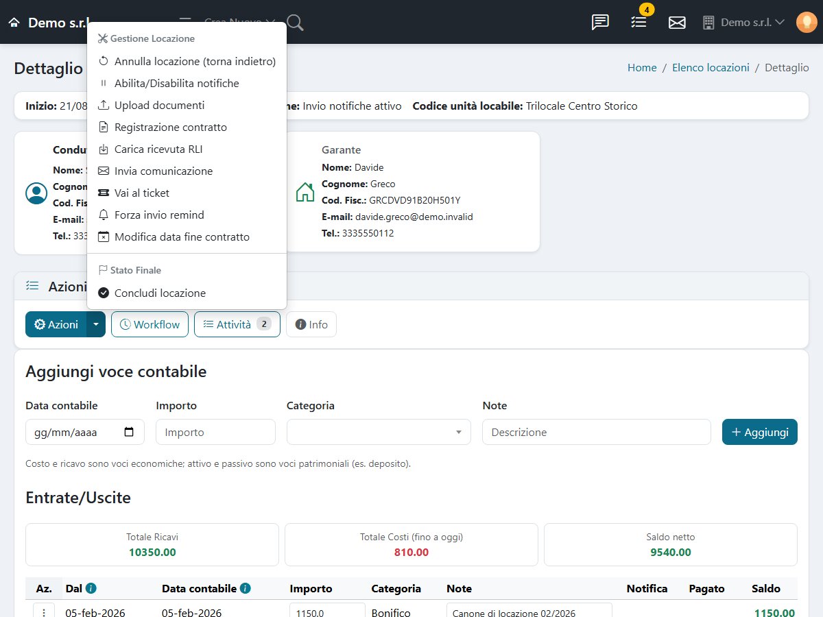 Menu delle azioni disponibili su una locazione: documenti, registrazione del contratto, comunicazioni, promemoria, conclusione