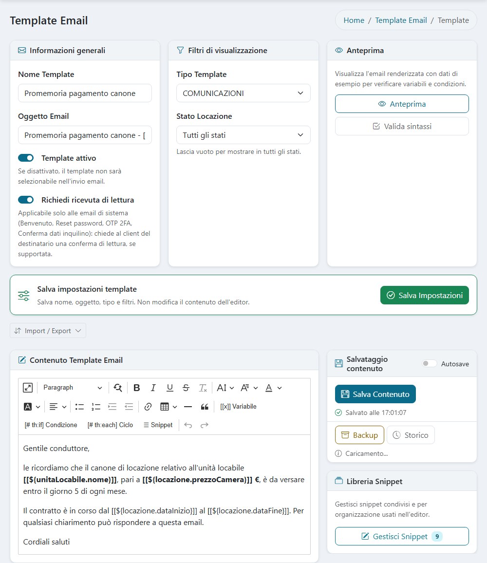Template email con le variabili che si compilano da sole: unità locabile, canone, date del contratto